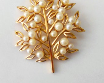 Trifari brooch, faux pearls, gold plated, 2 1/2 " long