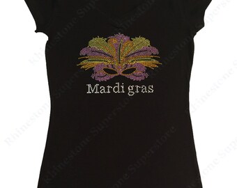 Women's Rhinestud T-Shirt " Mardi Gras Mask " in S, M, L, 1X, 2X, 3X