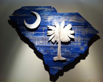 Wooden State of South Carolina with Palmetto Tree