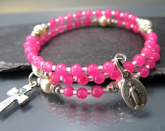 Rosary wrap bracelet pink jade miraculous medal silver color catholic jewelry by Rosenkranz-Atelier