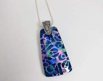 Blue and Rainbow Dichroic Fused Glass Pendant