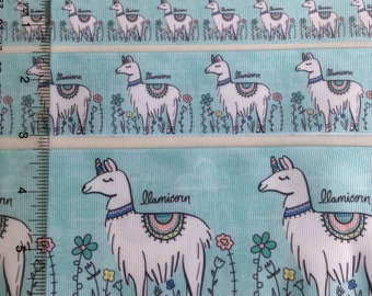Happy Llama Unicorn Blue Printed grosgrain ribbon 7/8" 1.5" 3"