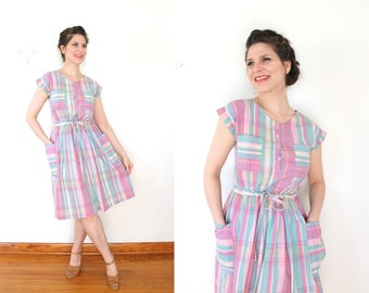 Madras Plaid Dress / 1980s Dress / 80s 1940s Style Dress / Pastel Plaid 40s Style Button Front Madras Plaid Day Dress With Pockets