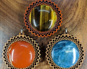 Square Vortex Cut Through 30mm Gemstone Hardwood Pendant - Crystal Gem Custom Sacred Geometry Laser Cut Natural Wood Wooden Cabochon