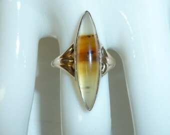 Antique Victorian Picture Agate Ring 10 K Rose Gold Edwardian Dendritic Agate Marquise Cabochon Size 6.75 Natural Stone