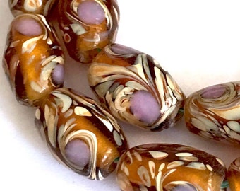 6 Lampwork Handmade Glass Amber Garden Barrel Beads 15x9mm (L055)