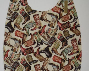 Reversable Adult Bib Clothes Protector in Cowboy Boot Print Side Neck Closure