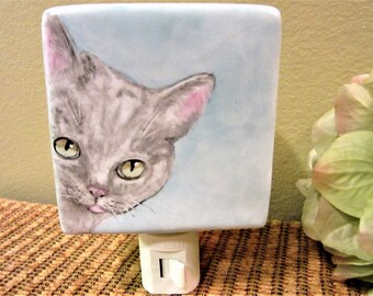 Night Light Plug in Cat Gray Lighting Porcelain Ceramic Hand Painted by blm