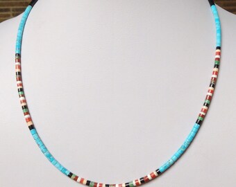 Native American Santo Domingo Turquoise Apple Coral Pipestone Jet Silver Necklace - Dorene Calabaza 16-20"