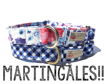 Martingale Dog Collars - Organic Cotton - Antique Metal Hardware - Antique Brass or Antique Silver - Choose Your Pattern!