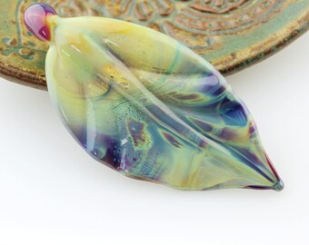 Lampwork Bead, Leaves, Purple, Blue, Green, Leaf