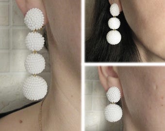 White Bon Bon Earrings, Beaded Balls White Earrings, Seed Bead Balls Earrings, Balls Drop Earrings, White Round Earrings, Bon Bon White