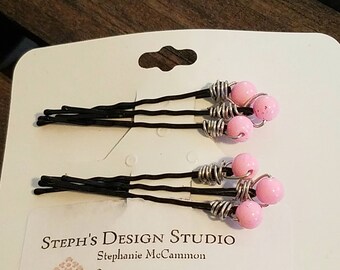 Set of 6 Wire Wrapped Bobby Pins, with Pink Glass Beads. FREE SHIPPING! EPIN1
