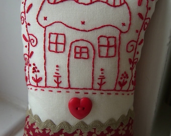 Red & Cream Hand Embroidered Pincushion