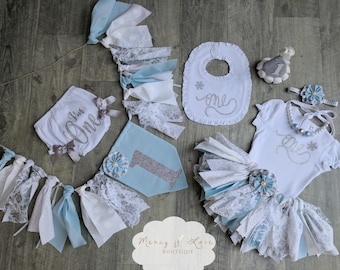 The "Blue Winter Onederland" Collection.Blue & Silver Fabric Tutu,Cake Smash outfit, First Birthday Girl, Birthday Outfit, High Chair Banner
