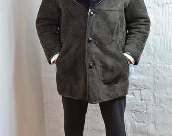 Vintage Mens Sheepskin Suede Shearling Coat double breasted HANDMADE Brown Shearling Coat Size M