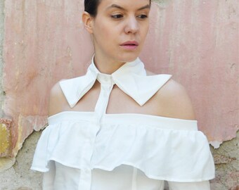White Boho Shirt,Off Shoulder Top,Bohemian Wedding Top,Boho Womens Shirts,Boho Chic Clothing,Bare Shoulder Blouse,ATTITUDE157 Shirts,AT0393
