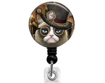 Steampunk Grumpy Cat Badge Reel Nurse Badge Holder Retractable Badge Reel Computer Tech Name Tag Steam Punk Grumpy Cat 332G