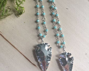 Silver Arrowhead necklace, silver arrowhead necklace, rosary necklace, Silver necklace, bohemian jewelry