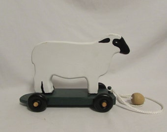 Sheep Pull-Along Toy, Wood, Hand Crafted, Hand Painted, 1980's