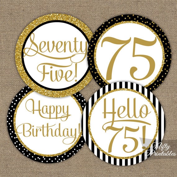 75th Birthday Cupcake Toppers Black & Gold 75 Years Bday