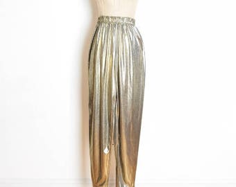 vintage 80s pants, metallic gold pants, mirror pants, 80s clothing, high waisted pants, harem pants, metallic trousers, tapered leg pants