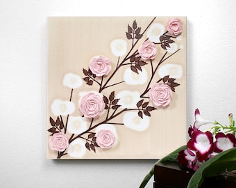 Baby Girl Gift, Canvas Art Sculpted Rose Painting, Small Custom Nursery Name Art in Pink and Brown - 10x10