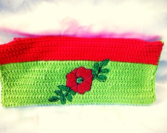 Pouch / clutch, poppy red and green cotton