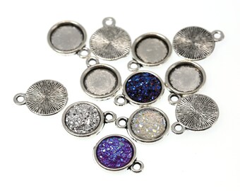 10mm Antiqued Silver Tone Charm Drop Pendant Tray Bezel Blanks