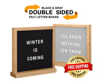 Black/Gray DOUBLE SIDED Felt Letter Board: 10"x10" Message Board Sign, Oak Wood Frame - 344 Letters - FREE Cotton Bag, Scissors & Oak Stand