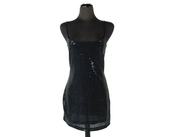 Vintage 1980s Black Sequins Mini Dress / Spaghetti Straps / Size Large / Little Black Dress