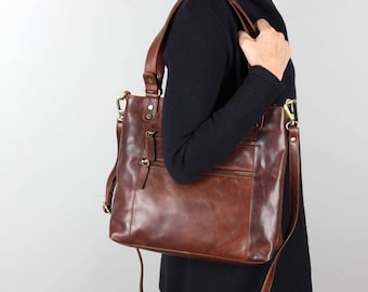 Brown Leather Purse with Pockets, Leather Handbag