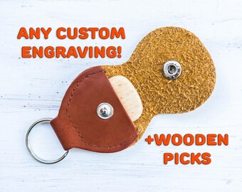 Custom Wood Guitar Pick with Leather Pick Holder Engraved Wooden Plectrum Personalized Fathers Day Gift for Musician for Him for Husband