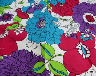 Vintage Fabric Panel Big Bold Floral Design S.C. Corp Purples Reds and Green Lovely Vintage Fabric Panel