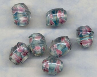 9 Vintage Oval Czechoslovakian Aqua Flowered Banded Beads 16mm