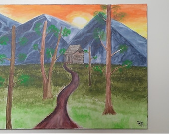 Acrylic painting, cabin in the woods scenery. An original canvas painting named 'Paradise'