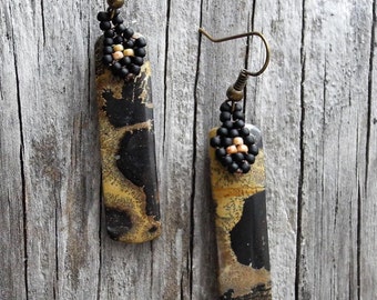 Beaded Statement Earrings - Bead Weaving Jewelry - Dangles - Chohua Jasper Cabochons - BOHO