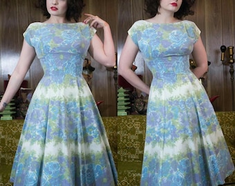 50s Rose Dress | 1950s Dress | 50s Party Dress | 50s Dress | 50s Chiffon Dress | Blue Roses | Rose Print | 50s Floral Dress | 26" Waist
