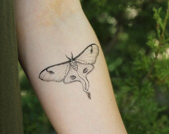 Luna Moth Temporary Tattoo, Black Line Tattoo, Winged Insect, Bug Tattoo, Symmetrical Tattoo, Large Chest Piece Tattoo