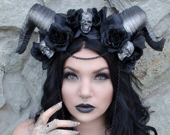 gothic crown- goth skull headdress - horn headdress headpiece