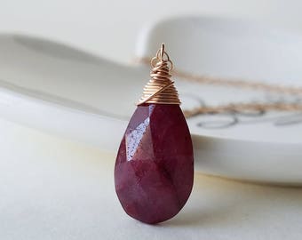 Ruby Necklace, 14k Rose Gold Rudy Necklace, Ruby Pendant, Rose Gold Pendant, Genuine Ruby Gemstone, July Birthstone Necklace, Ruby Jewelry