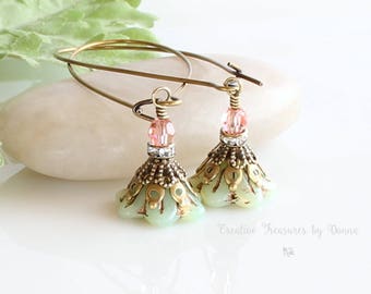 Brass Earrings, Green Earrings, Czech Glass Flowers, Bell Flower Earrings, Swarovski Crystals, Rhinestone Spacers, Victorian Earrings