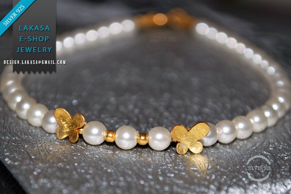 Butterfly Pearls Bracelet Sterling Silver 925 Gold-plated Handmade Jewelry Best Gift Ideas for her Girlfriend Birthday Friendship Love Hope