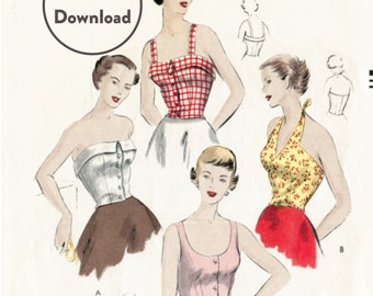 1950s 50s vintage sewing pattern crop top halter blouse bustier fitted Bust 32 B32 Instant Download