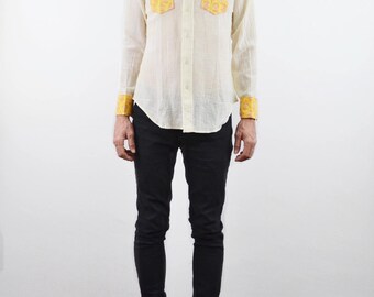 Madhuk Indian Gauze Shirt | vintage 70s Indian western shirt | 1970s DEADSTOCK India block print top | Men's Hippie shirt | Cotton gauze top