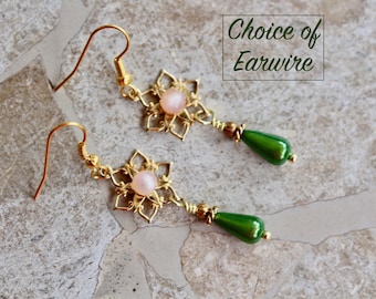 Reclaimed Vintage Earring Assemblage, Pierced, Gold, Pink, Green, Glass, Teardrop, Upcycled, Petite, Jennifer Jones, OOAK - Garden Party