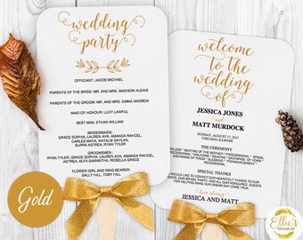 Wedding Fans, Printable Wedding Fan Program Template, Fan Wedding Program, Editable text, Modern Calligraphy, Mr Mrs, 001 GOLD