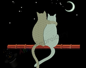 Cat Love Machine Embroidery Design-cats in love-Moon Stars- PES