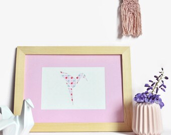 Poster graphic-Origami-Rose-Poster-Room child-Paper A4-paper-cut carved hand bird-Rose-Design-gift-birth-Decoration