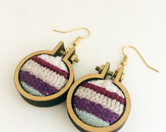 Embroidered earrings– blue, purple, maroon and cream – mini embroidery hoop earrings – hand embroidered jewelry – drop earrings